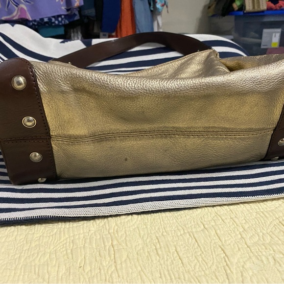 Designer MK Hobo Bag in Metallic Gold Leather Brown Accents Gold Hardware - Picture 2 of 10